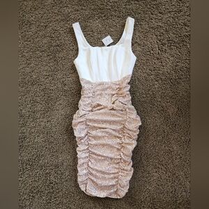 Champagne Ruched Ruffled Bodycon Midi Dress